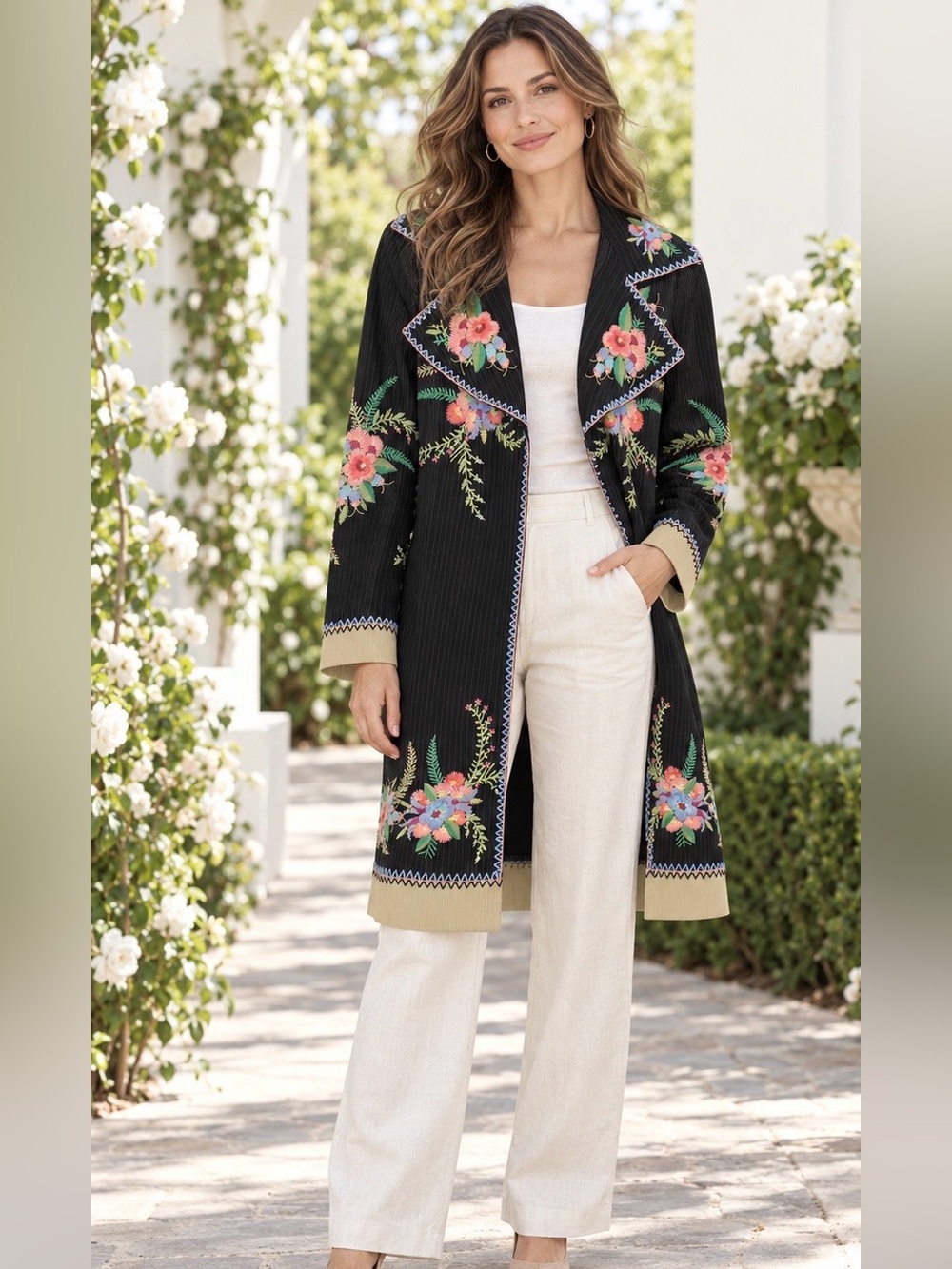Biya Johnny was M Black Pinstripe Floral Embroidered Long Jacket Coat 2 Button